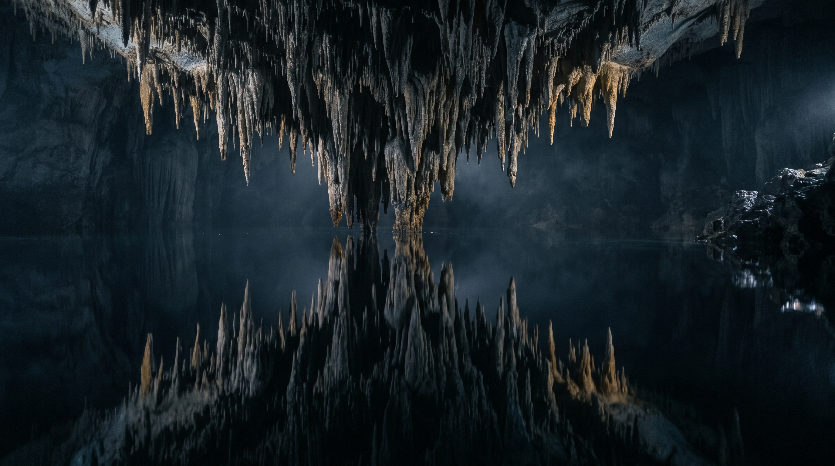 Composición simétrica de estalactitas reflejándose sobre el agua del cenote