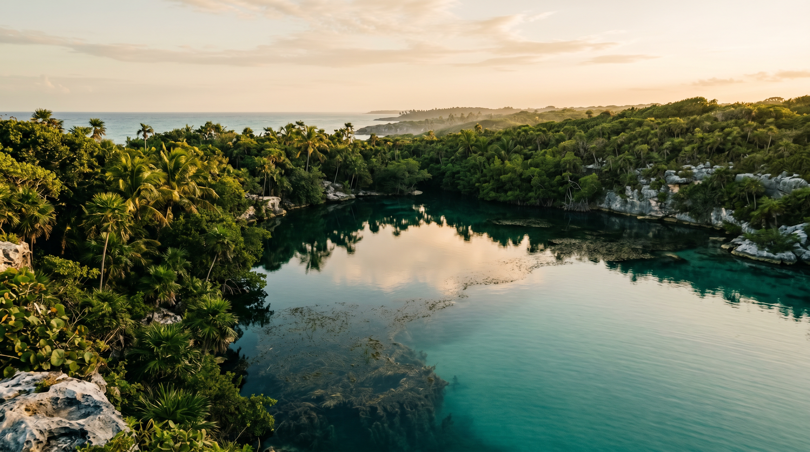 Vista elevada sobre la caleta de Tankah y el Caribe
